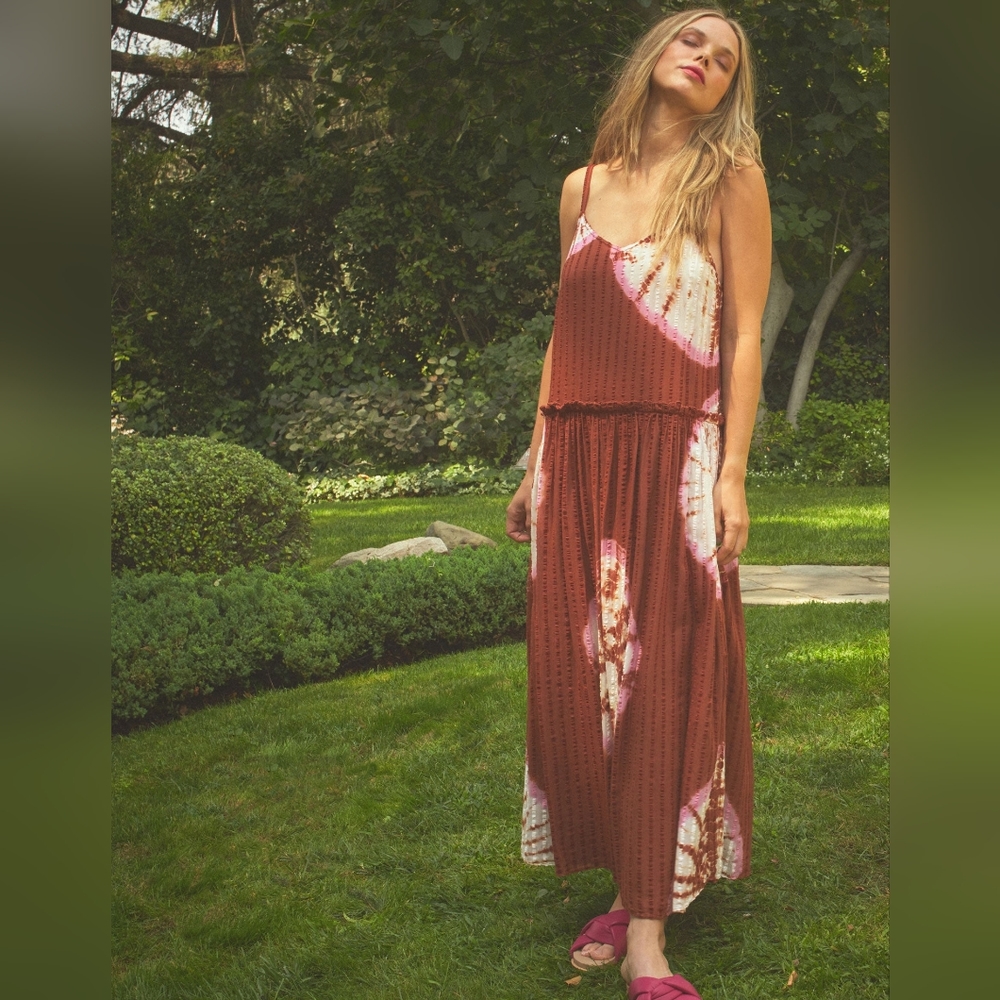 Anthropologie The ODells Cora dress tie dye rust color maxi sz Small